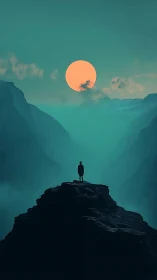 Lone summit dreamer beneath a vast teal valley moon.