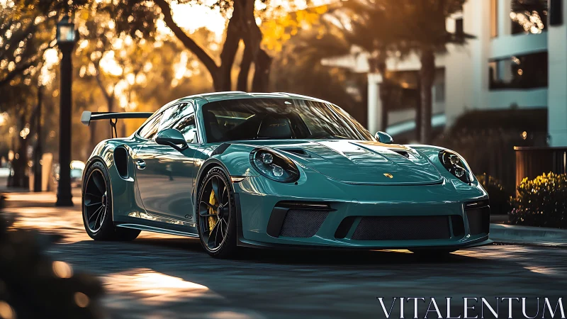 Mint green Porsche sports car sits under warm street lighting