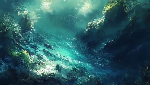 Mystical turquoise seascape with rocky cliffs and light.