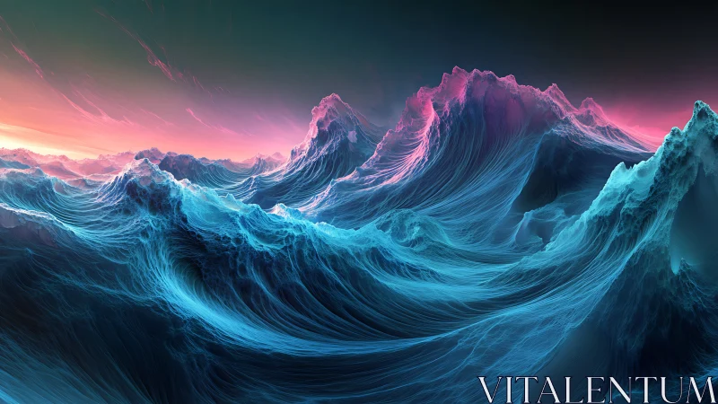 Digital seascape renders layered neon waves under gradient sky