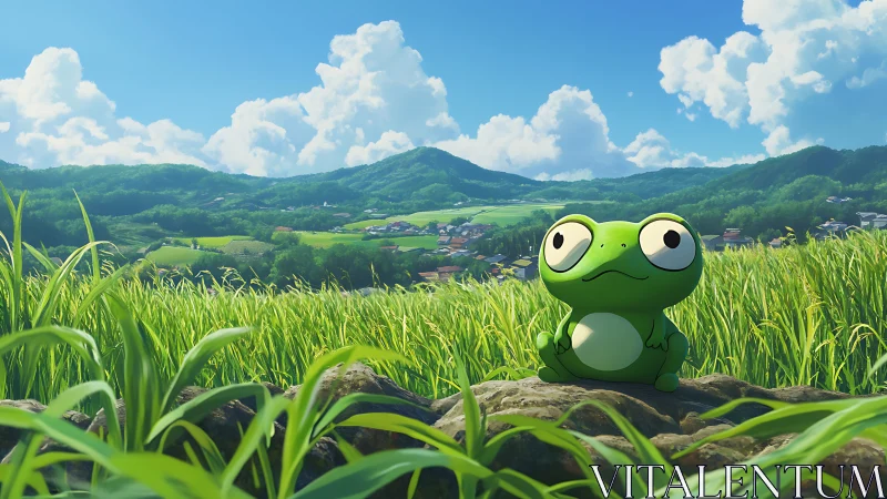 Cartoon frog overlooks sunlit rural valley landscape.