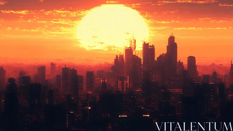 Pixelated neon sunset engulfs a futuristic cyber city skyline