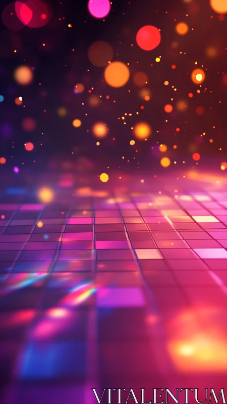 Neon tiles and drifting bokeh ignite a retro future dancefloor.