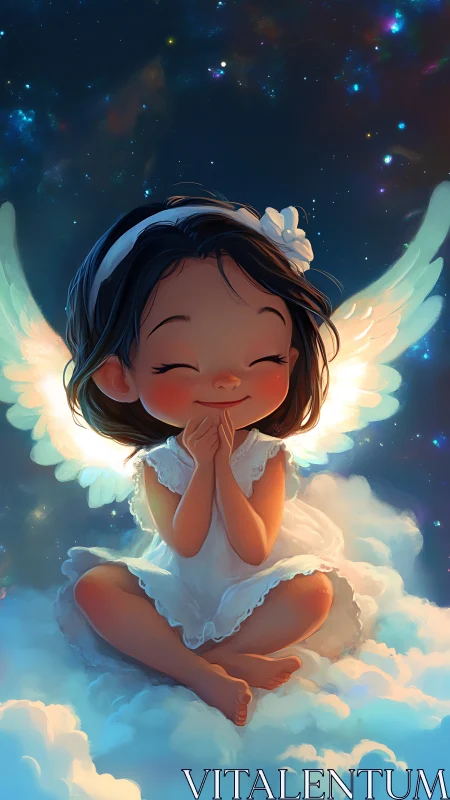 Smiling little angel girl glowing softly among the stars.