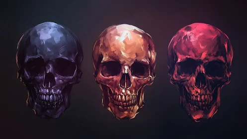 Digitally rendered human skull triptych under varied lighting.
