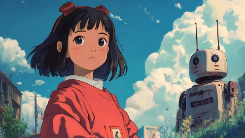 Sky-watching girl and daydreaming robot under cotton clouds.