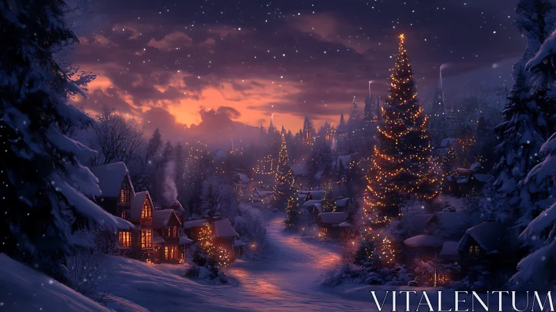 Snowy village glow under a twinkling holiday twilight sky.