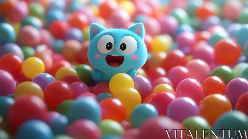 Blue cartoon cat character surrounded by colorful spheres