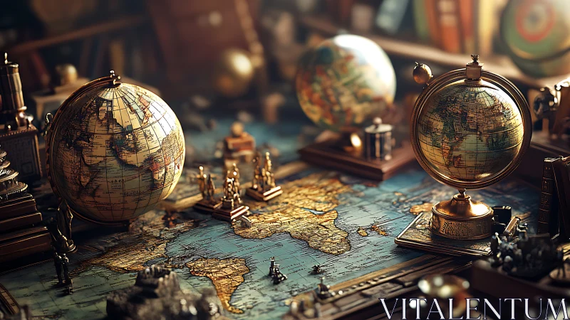 Brass terrestrial globes on cartographic exploration desk.