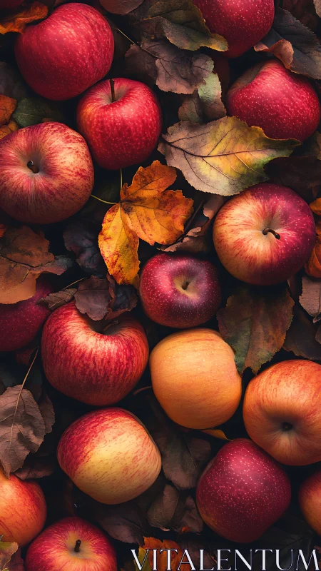 Crimson apples resting on rustic autumn leaf carpet.