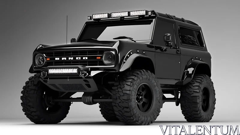 Blacked-out lifted off-road SUV rendered in high-contrast 3D