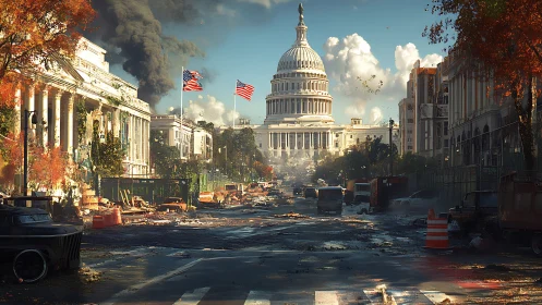 Capitol dome watches a wounded avenue smolder toward dusk