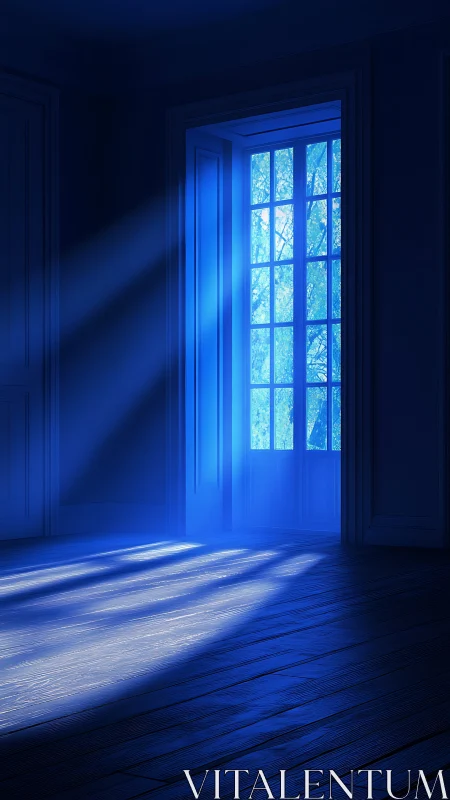 Blue light through tall window onto empty wooden floor.