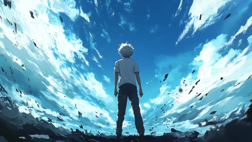 Lone dreamer stands beneath a vast sky of swirling clouds