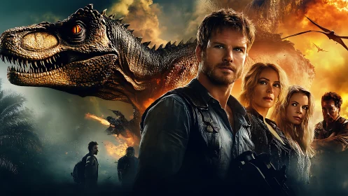 Cinematic photorealistic poster with dinosaur and hero ensemble.
