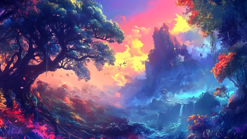 Vibrant fantasy valley with glowing trees and waterfalls.