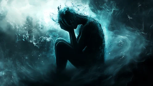 Ethereal human silhouette dissolving into stormy aqua mist.