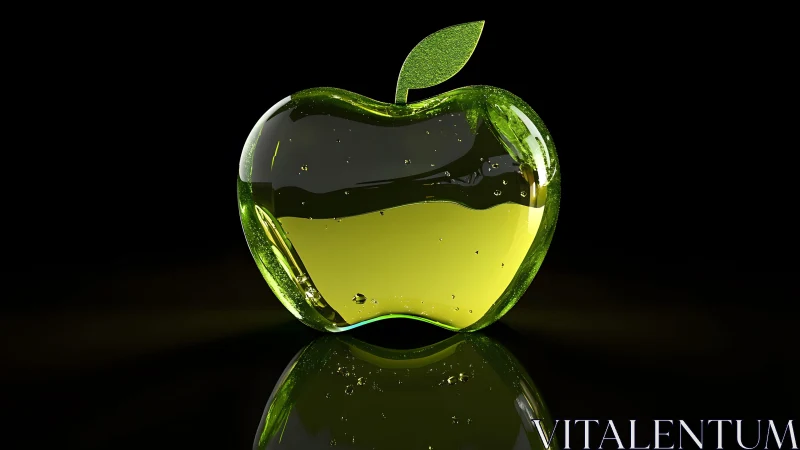 Glossy Green Glass Apple with Liquid Core on Black Background.
