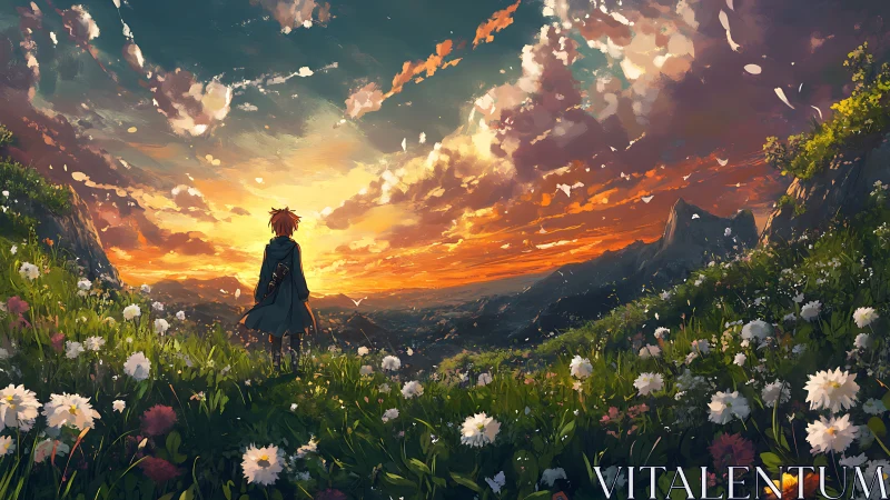 Sunset meadow invites a lone traveler toward hopeful horizons