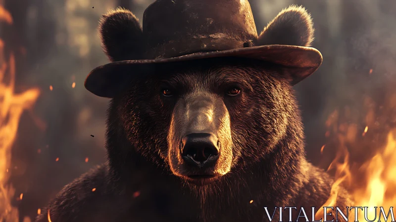 Stoic bear in weathered hat stands amid glowing forest fire
