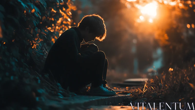 Quiet sunset pause with a thoughtful person outdoors.