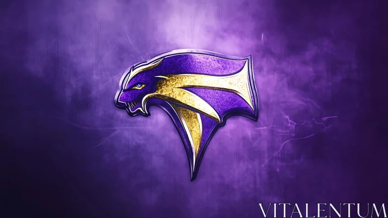 Purple and gold panther logo on textured smoke field.