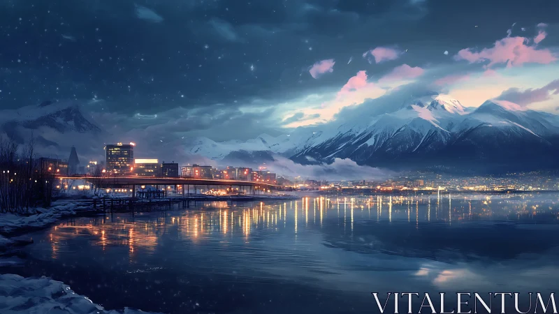 Snowy coastal cityscape with mountains and bridge at dusk.