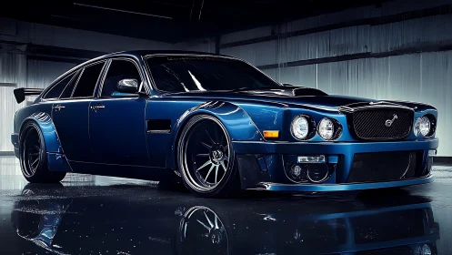 Widebody blue luxury sedan shows aggressive stance in studio