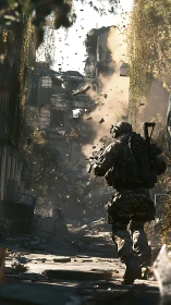 Soldier advances through collapsing urban warzone rubble.