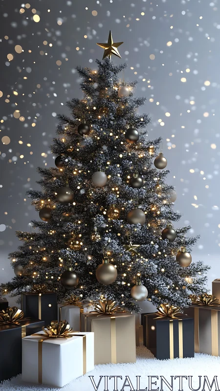 Luxury Christmas tree with gold ornaments and presents.