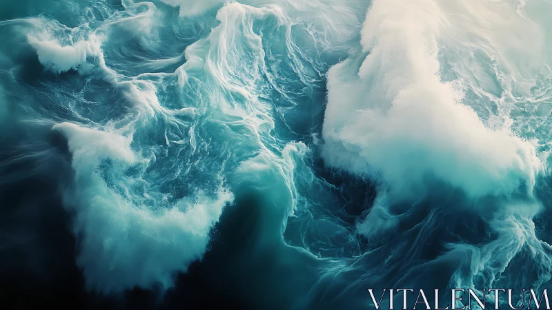 Abstract teal ocean waves in dynamic swirling motion.