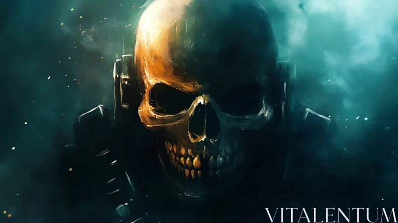 Burnished skull warrior emerges through toxic teal fog.