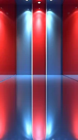 Symmetric corridor with red blue reflective light bands.