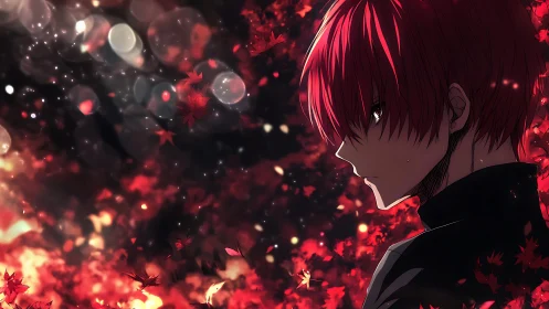 Red haired anime boy stands amid glowing autumn leaves