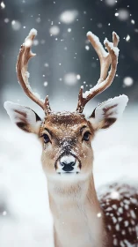 Snow-covered deer stands in front-facing winter portrait