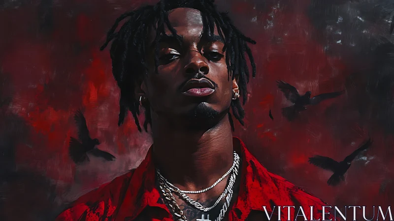 Intense portrait of defiant man against red raven sky