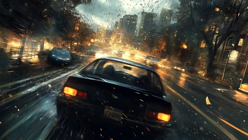 Midnight rain-soaked chase car cuts through neon city storm.