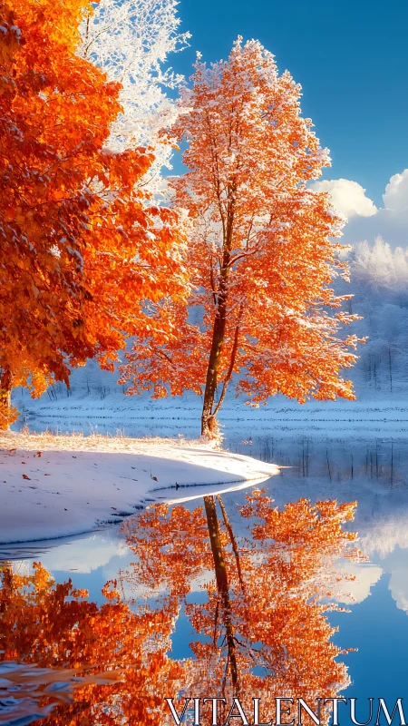 Autumn maple grove mirrored in pristine winter lakeshore.