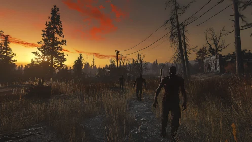 Zombies advance along a ruined road at burning sunset
