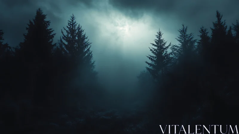Moonlit conifer forest under heavy fog at night.