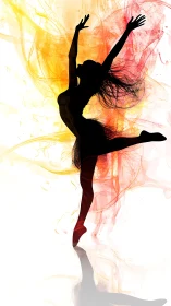 Silhouetted dancer with chromatic fluid dynamics backdrop.