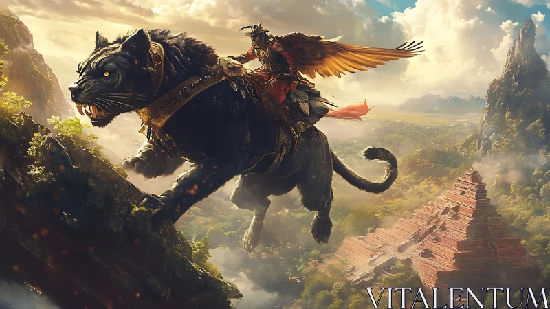 Fantasy digital painting of winged rider on armored panther.