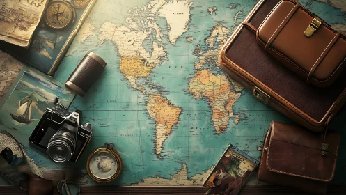 Vintage travel planning flat lay with world map and gear.