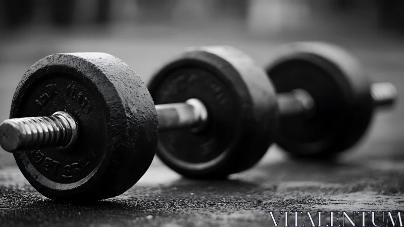 Black metal dumbbells lie on wet textured gym flooring