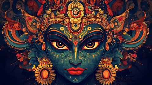 Ornate blue goddess portrait in symmetrical digital painting style.