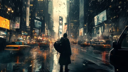 Rainlit drifter crosses neon canyons of a restless city.