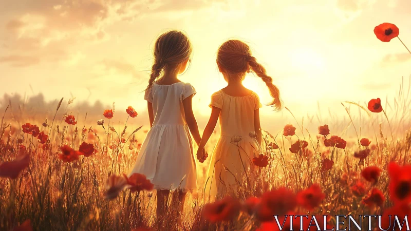 Two Children in Poppy Field at Golden Hour with Backlighting