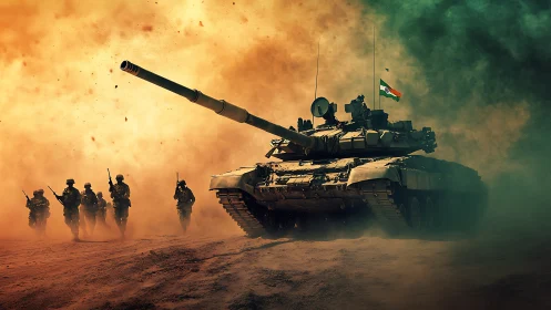 Dust storms crown a battle tank leading its marching guard