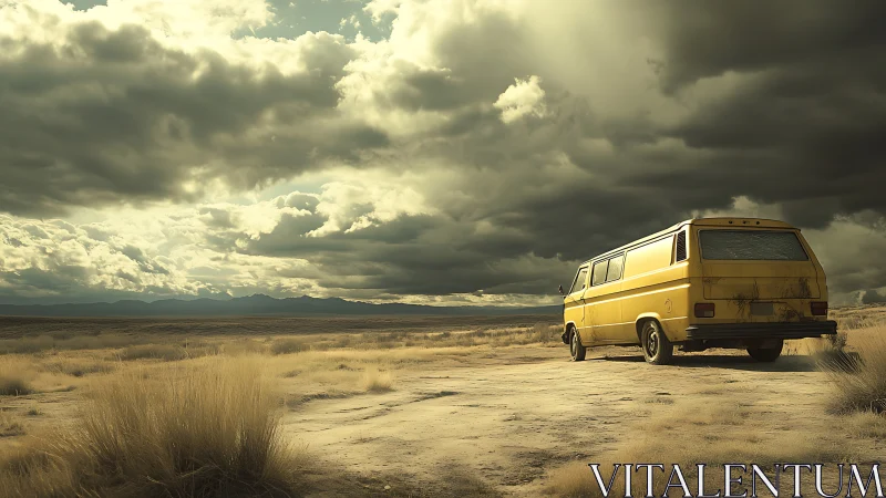 Yellow camper van under storm-lit desert skies at dusk.