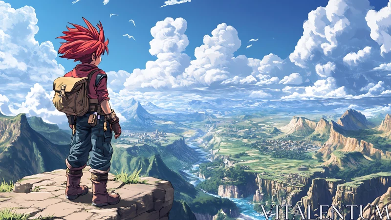 Red-haired adventurer surveying expansive fantasy valley.